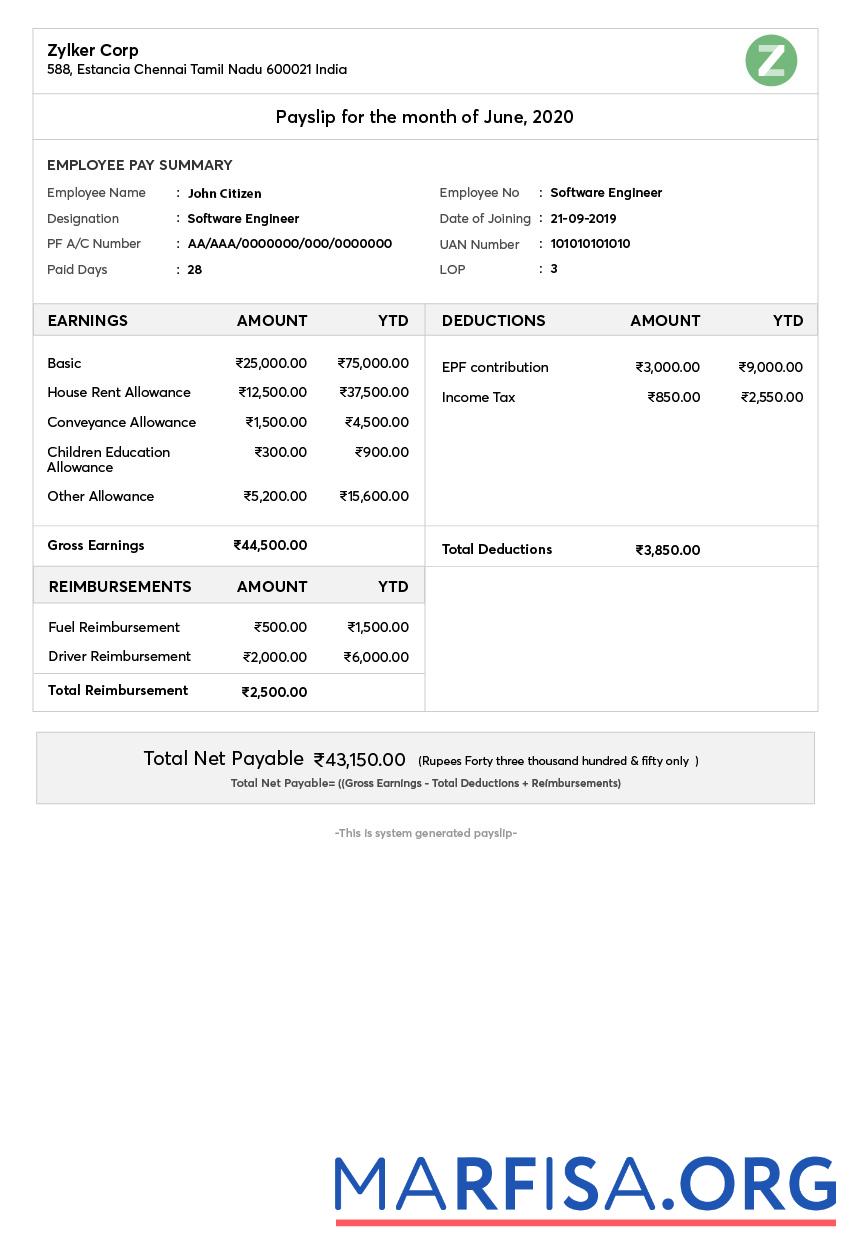 Realistic India Zylker corporation payslip sample